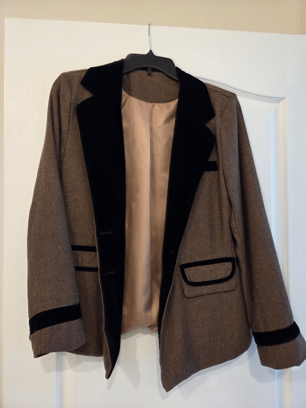 Women's Brown Herringbone Blazer with Black Velvet Trim